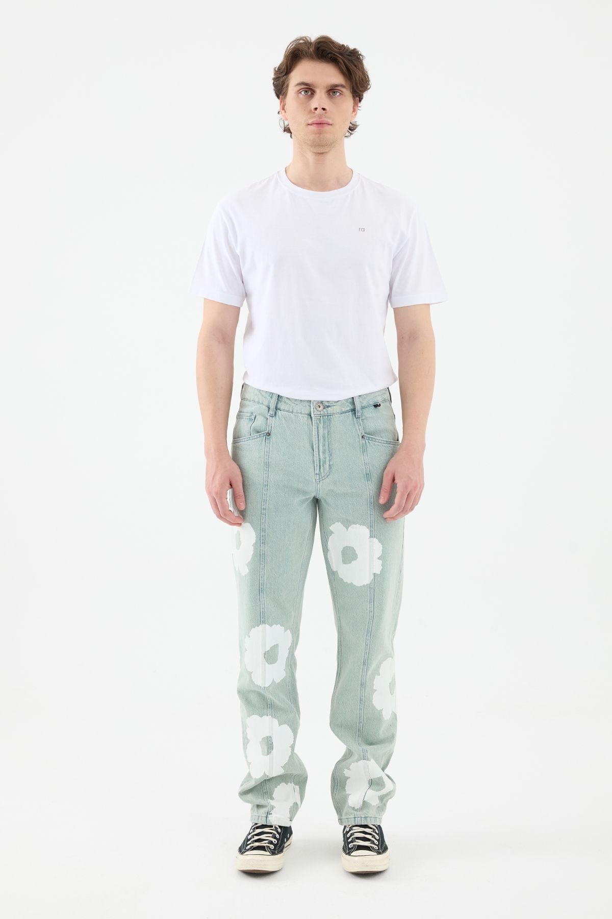 Flam Straight Fit Ice Green Daisy Printed Men's Jeans