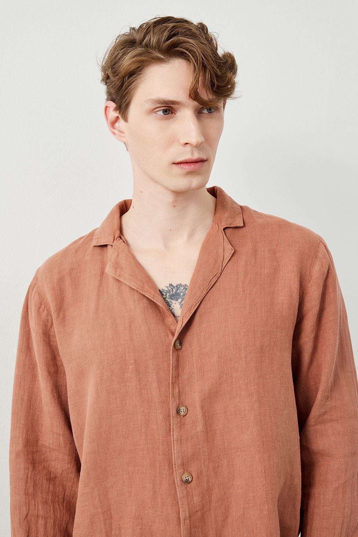 Brown Linen Fabric and Buttons of the Ra Denim-Tenedos Regular Fit Brown Men’s Linen Shirt