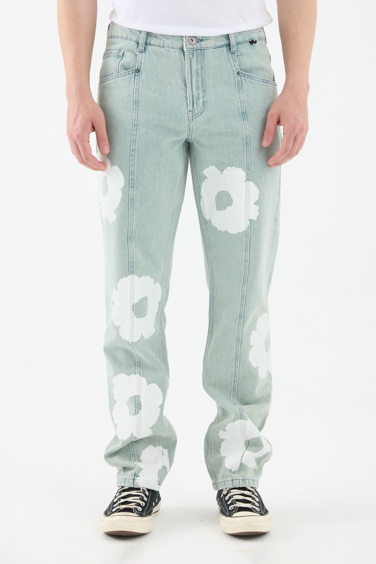 Flam Straight Fit Ice Green Daisy Printed Men's Jeans