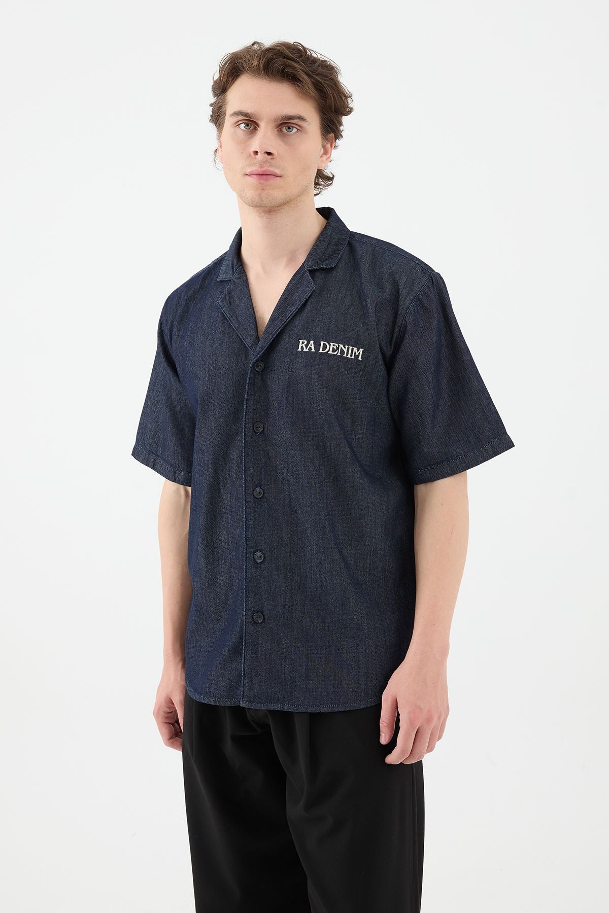 Nix Dark Blue Embroidered Men's Linen Shirt