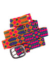 Close-up view of the intricate geometric patterns on the Adriana Festival Belt in neon pink and  blue.