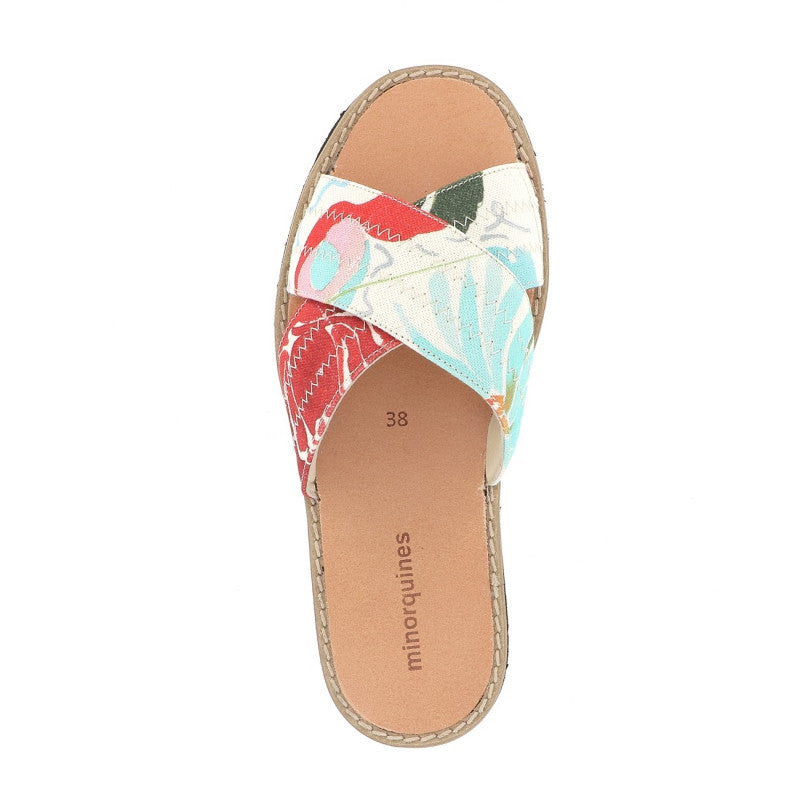 Multicolor Floral Fabric Mules: Cross-strap mules with a vibrant floral pattern and rubber sole.