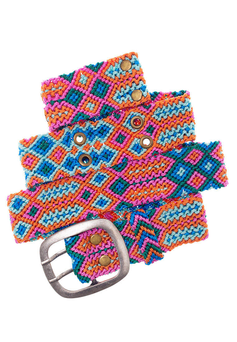 Smitten Adriana Handwoven Belt in orange and blue, flat lay showcasing vibrant geometric design