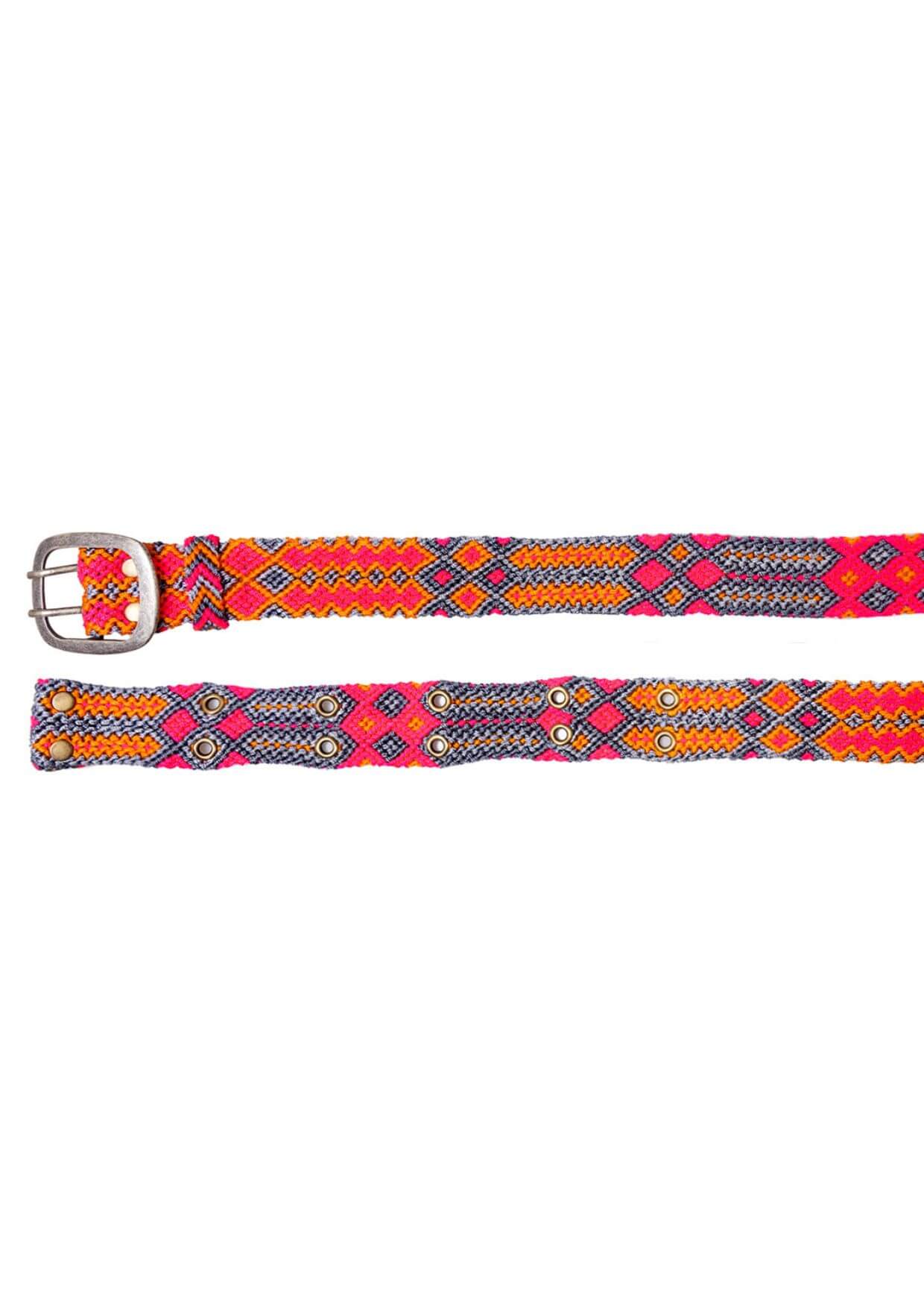 Handwoven Adriana Peppy Belt by Smitten in grey and pink, laid flat with geometric patterns and sturdy metal buckle