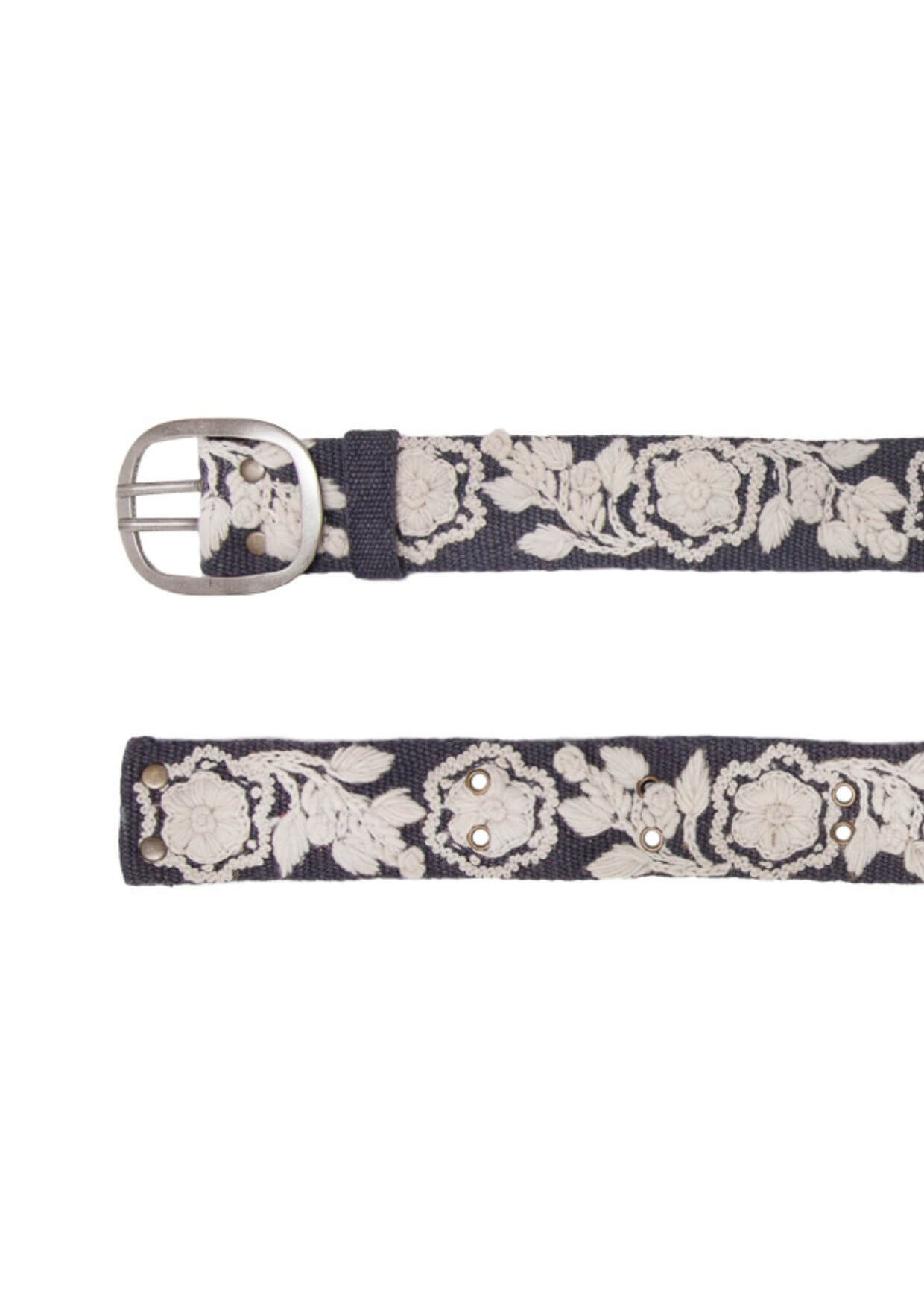 Elevate your wardrobe with the Smitten Two-Tone Stone Belt—hand-embroidered floral details