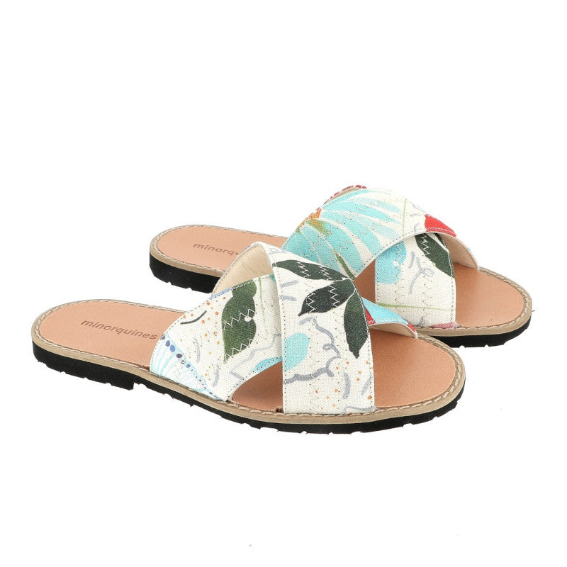 Minorquines Fabric Cross-Strap Mules: Colorful floral fabric mules with a rubber tyre-tread sole.