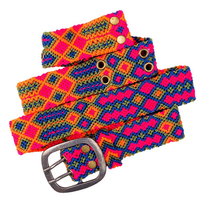 Adriana Festival Belt by Smitten featuring neon pink, electric blue, and green geometric design, handwoven with care.